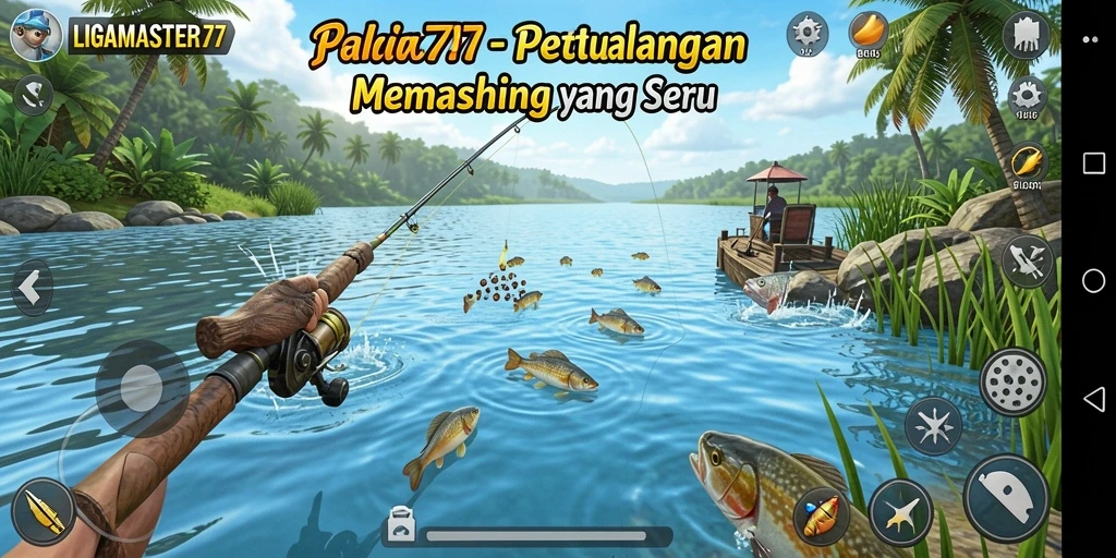 Screenshot gameplay seru LIGAMASTER77 saat memancing di laut.