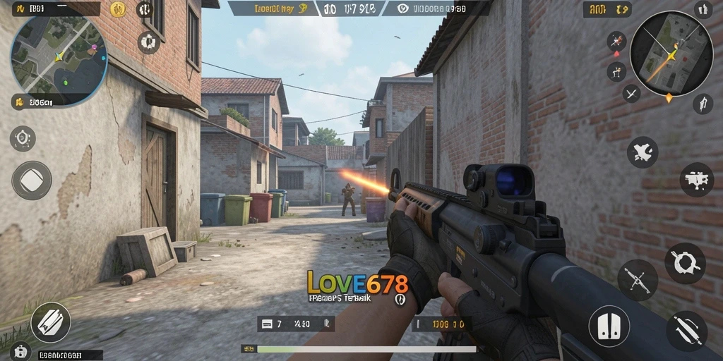 Screenshot LOVE678 menunjukkan aksi mendebarkan dalam mode FPS.