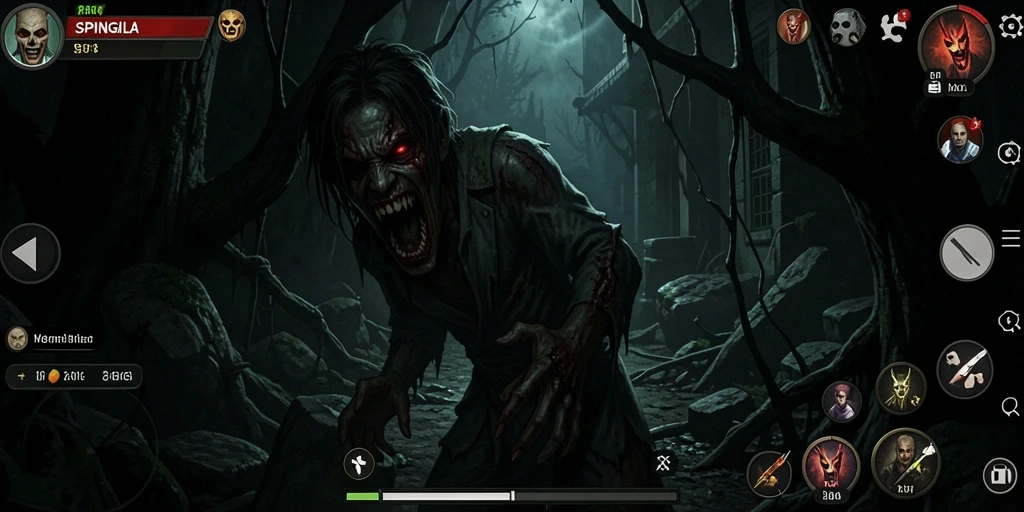 Screenshot gameplay SPINGILA menampilkan momen mencekam dalam kegelapan.